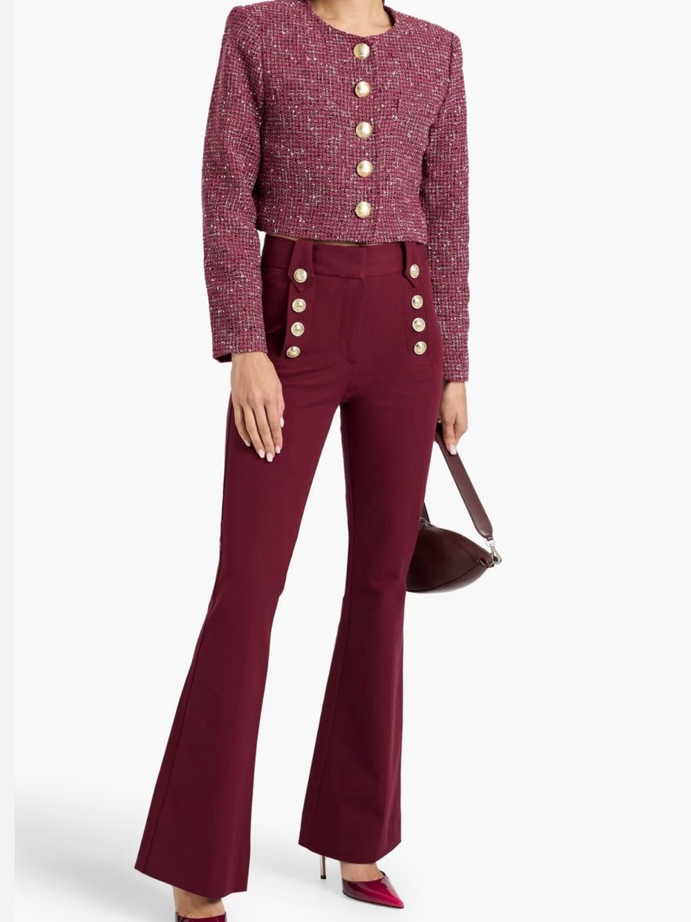 NWT Derek Lam 10 Crosby Robertson Flare Trousers Pants Sz 6 Merlot Gold Buttons